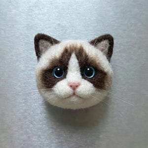 May include: A handcrafted cat face made of felt, featuring a white and brown color scheme. The cat has large blue eyes, a pink nose, and long white whiskers. The cat's face is a unique, handmade item.