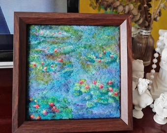 Needle Felted Wool Painting: Monet Water Lilies Impressionist Textile Art, Framed Floral Wall Decor