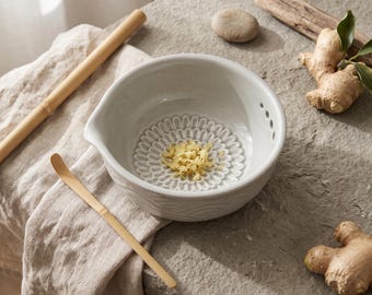 Handmade Ceramic 3-in-1 Grater Bowl | Garlic Ginger Herb Stripper Pottery Kitchen Dish
