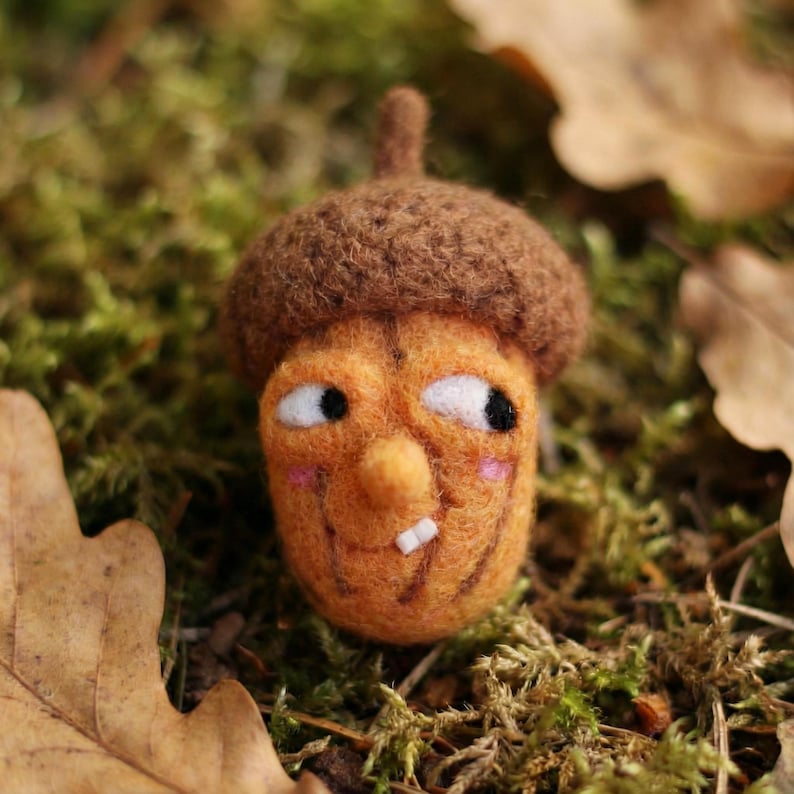 K&ouml;nnte beinhalten: Eine handgefertigte Eichelfigur mit einem l&auml;chelnden Gesicht. Die Eichel hat eine braune Kappe und einen orangefarbenen K&ouml;rper mit schwarzen Augen, einer kleinen Nase und einem einzelnen Zahn. Sie befindet sich vor einem Hintergrund aus gr&uuml;nem Moos und Herbstbl&auml;ttern.