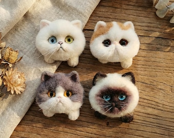 Needle Felt Cat Brooch, Handmade Wool Animal Pin, Siamese Ragdoll Badge