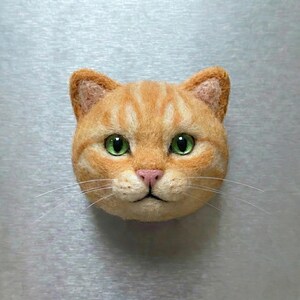 May include: A handcrafted orange tabby cat face with green eyes and a pink nose. The cat's fur is detailed with stripes and texture, and it has long white whiskers. The cat is a decorative item.