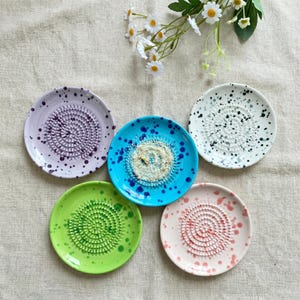 May include: A collection of five colorful ceramic grater plates. Each plate features a central grating surface and is speckled with contrasting paint. Colors include purple, blue, white, green, and pink. Daisies are in the background.