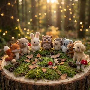 Puede incluir: Una colección de criaturas del bosque hechas a mano con fieltro, incluyendo un zorro, un oso, un conejo, un búho, un erizo, un koala, una ardilla y un perro, dispuestas sobre un tocón cubierto de musgo. La escena está en un bosque.