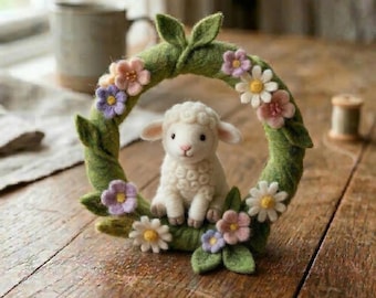 Spring Awakening Needle Felted Wreath, Bunny Lamb Chick Bluebird Floral Decor