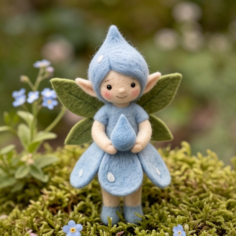 May include: A needle-felted figurine of a small creature with a pointed blue hat, light blue dress, and green leaf-shaped wings. The figure has rosy cheeks, pointed ears, and holds a small blue teardrop shape in its hands, featuring white dots.