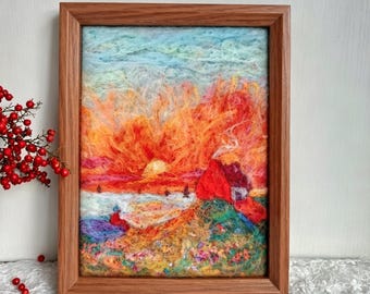 Needle Felted Wool Painting, Ferdinand Harbour Dusk Landscape Textile Art, Framed Sunset Wall Decor