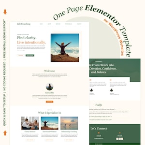 May include: A website template for life coaching, with a clean design. It includes sections for services, testimonials, and FAQs. The design incorporates images and text, with the phrase "Find clarity. Live intentionally."