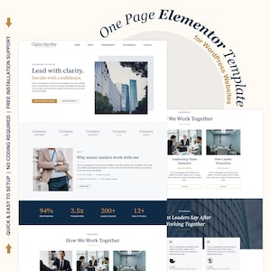 Puede incluir: Una plantilla Elementor de una página para sitios web de WordPress por Claire Hartley. El diseño presenta un fondo blanco con texto en azul marino y dorado, incluyendo secciones para socios corporativos, servicios de liderazgo y testimonios.