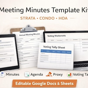 Kit modello per verbali di riunione / Avviso di riunione annuale (AGM) Ordine del giorno Verbale Conteggio voti per delega / Google Docs e Fogli / Consiglio di amministrazione del condominio