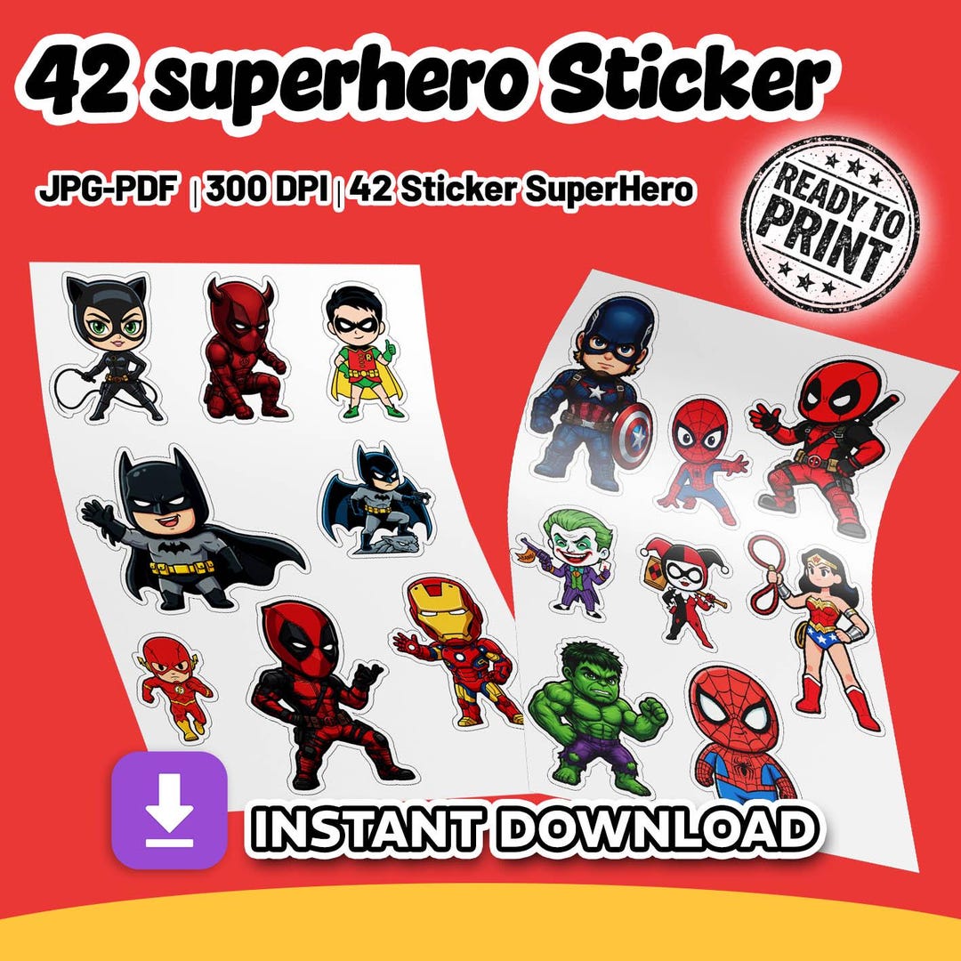42 Superhero Sticker Pack | Kids DIY Printable Art (PDF, JPG) - Etsy