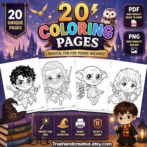 Può includere: Una collezione digitale di 20 pagine da colorare con personaggi maghi in stile chibi, tra cui un ragazzo con gli occhiali, un mago barbuto e un elfo domestico. Il set include file PDF e PNG con etichette di testo per 20 pagine uniche.
