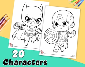 May include: Two coloring pages featuring Batman and Captain America, with the text "20 Characters waiting for your coloring." The Batman page shows him holding a gun, and Captain America has his shield. Colored pencils are in the background.