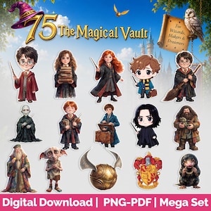 Chibi Wizard School Clipart Bundle, Magic Characters Mega Set, Printable Stickers (Digital Download)