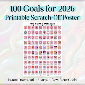 Op de afbeelding: Een roze en witte afdrukbare krasposter met de titel "100 Doelen voor 2026". De poster bevat 100 kleine roze vierkantjes, elk met een unieke doelillustratie. De tekst "Direct downloaden" en "Nieuwjaarsdoelen" zijn ook zichtbaar.