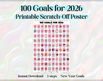 Póster para raspar "100 objetivos para 2026" / Seguimiento de objetivos imprimible / Descarga digital / Objetivos para tablero de visión / Desafío de crecimiento personal