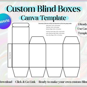 Puede incluir: Una plantilla blanca para cajas ciegas personalizadas, con dimensiones en pulgadas. El diseño incluye el texto "Custom Blind Boxes Canva Template" y "1 Ready to Use Canva Template". La plantilla está diseñada para descarga instantánea.