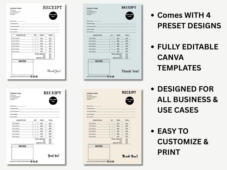 Editable Receipt Template Canva, Printable Business Receipt, Minimal ...