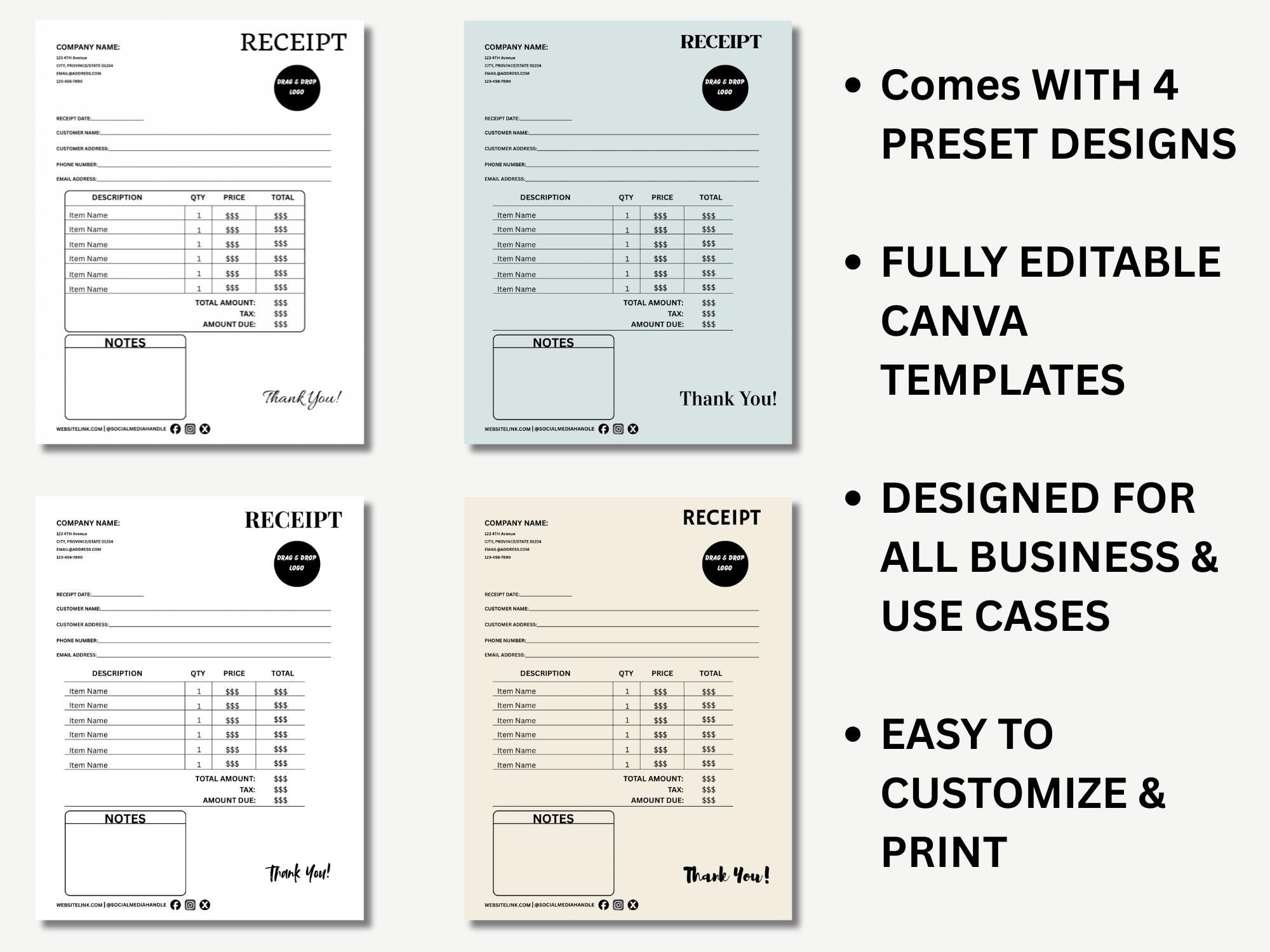 Receipt Editable Mini Editable Receipt Template Canva, Printable Business Receipt, Minimal ...
