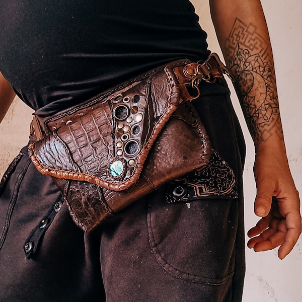 Brown leather pocket belt bag with labradorite gemstone, steampunk pirate belt, studded utility belt, tribal bag, viking belt, wasteland bag