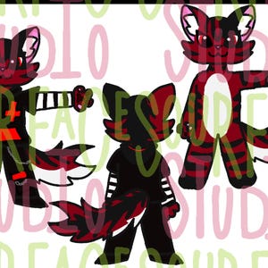 May include: Three cartoon illustrations of a red and black cat-like creature. The creature has a striped pattern and is wearing black clothing with red accents. One figure is in a standing pose, another is facing away, and the third is gesturing with its paw.