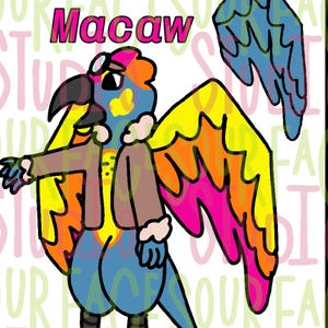 May include: A cartoon illustration of a macaw named Martin, wearing a brown jacket and aviator goggles. The macaw's wings are yellow, orange, and pink. The text "Martin Macaw" is at the top of the image.