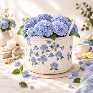 Handmade Cotton Rope Basket: Hydrangea Decoupage, Decorative Gift, Indoor Planter