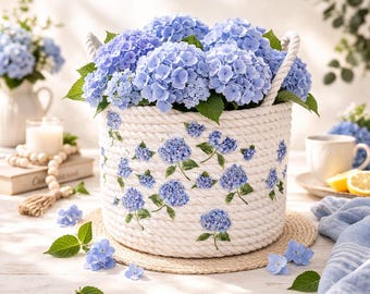 Handmade Cotton Rope Basket: Hydrangea Decoupage, Decorative Gift, Indoor Planter