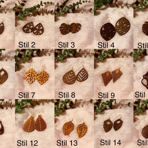 以下が含まれることがあります： さまざまなスタイルの木製イヤリング15組のコレクション。 イヤリングは茶色と黄色で、しずく、葉、幾何学模様などのデザインがあります。 各ペアには「Stil」という単語と数字が付けられています。