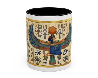 AncientEgyptian Winged Goddess Mug | Ancient Egyptian Hieroglyphs Accent Coffee Mug