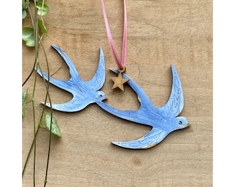 Spring - A Hand Painted Birchwood Swallow Decoration in Powder Blue