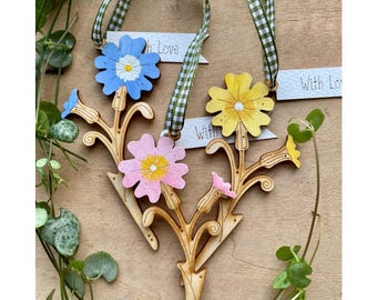 Wooden Flowers - A Set of Three Pretty Primrose Decorations with Gift Tags