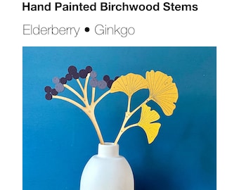 Wooden Flowers - A Hand Painted Birchwood Ginkgo Leaf Stem with a Sprig of Elderberries