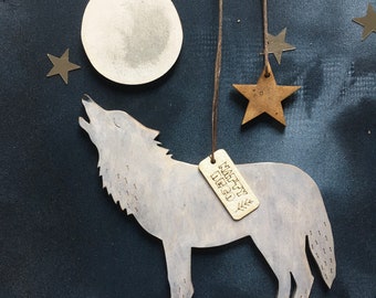 Call of the Wild - The Wolf and the Moon. Hand painted Birchwood Decorations with Free U.k. Delivery