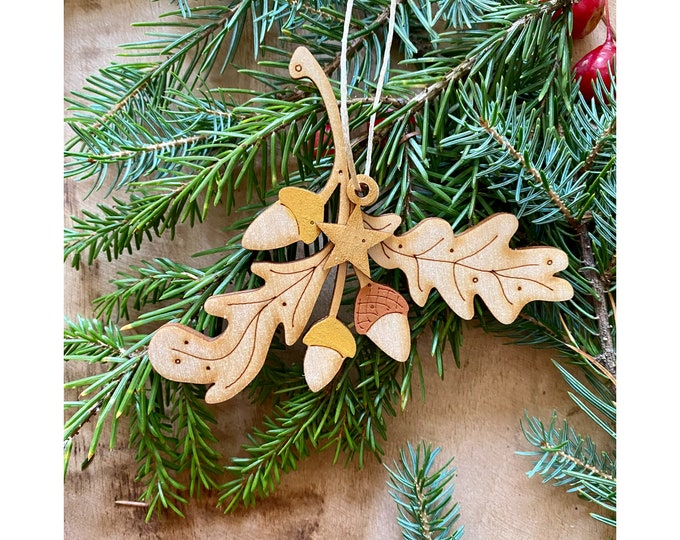 Christmas - A  Hand Painted Oak Leaf Decoration with a Golden Star