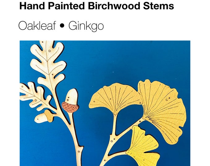 Wooden Flowers - A Hand Painted Ginkgo Leaf Stem with an Autumnal Oak Leaf