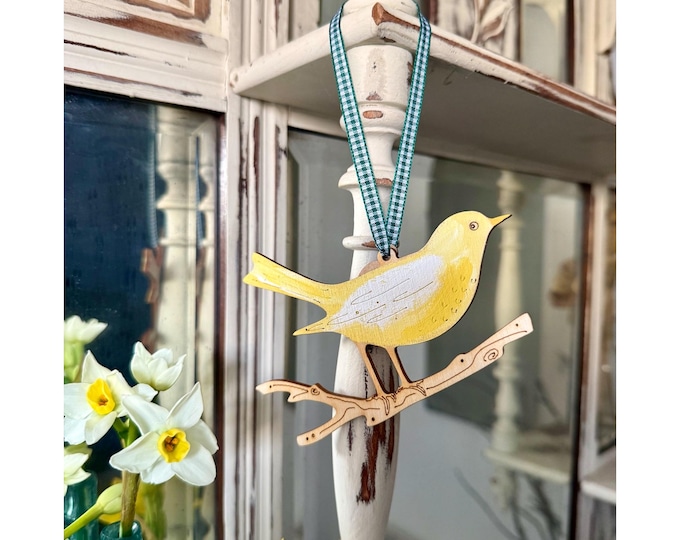 A Pretty Wooden Song Bird Decoration in Canary Yellow