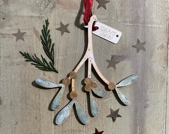 Beautiful Frosted Mistletoe Hand Painted Birchwood Decoration, 2022 Edition in Gold