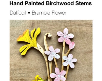 Wooden Flowers - A Hand Painted Daffodil Stem with a Sprig of Bramble Blossom