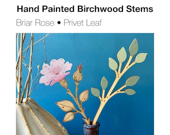 Wooden Flowers - A Hand Painted Birchwood Wild  Briar Rose Stem (Pink) with a Privet Leaf