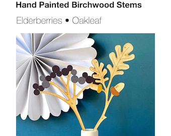 Wooden Flowers - Hand Painted Birchwood Elderberries with an Autumnal Oak Leaf Stem