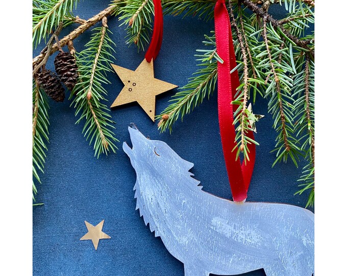 Wooden Christmas Decorations  - A Hand Painted Winter Wolf with a Golden Star