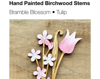 Wooden Flowers - A Sprig of Hand Painted Bramble Blossom with a Pink Tulip