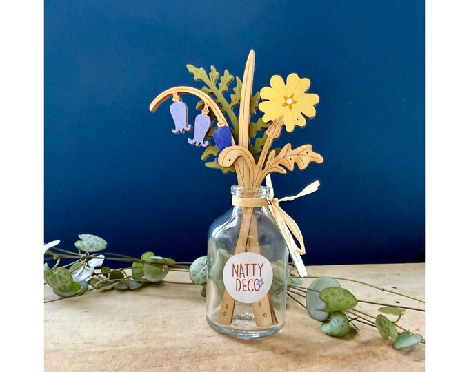 Mini Wooden Flowers - Bluebell and Primrose Gift Set with Bud Vase