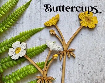 Wooden Flowers - A Pair of Hand Painted Golden Buttercup Stem