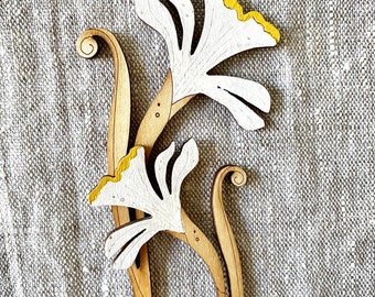Wooden Flowers. Beautiful Hand Painted Birchwood Flowers - Two Spring Daffodils