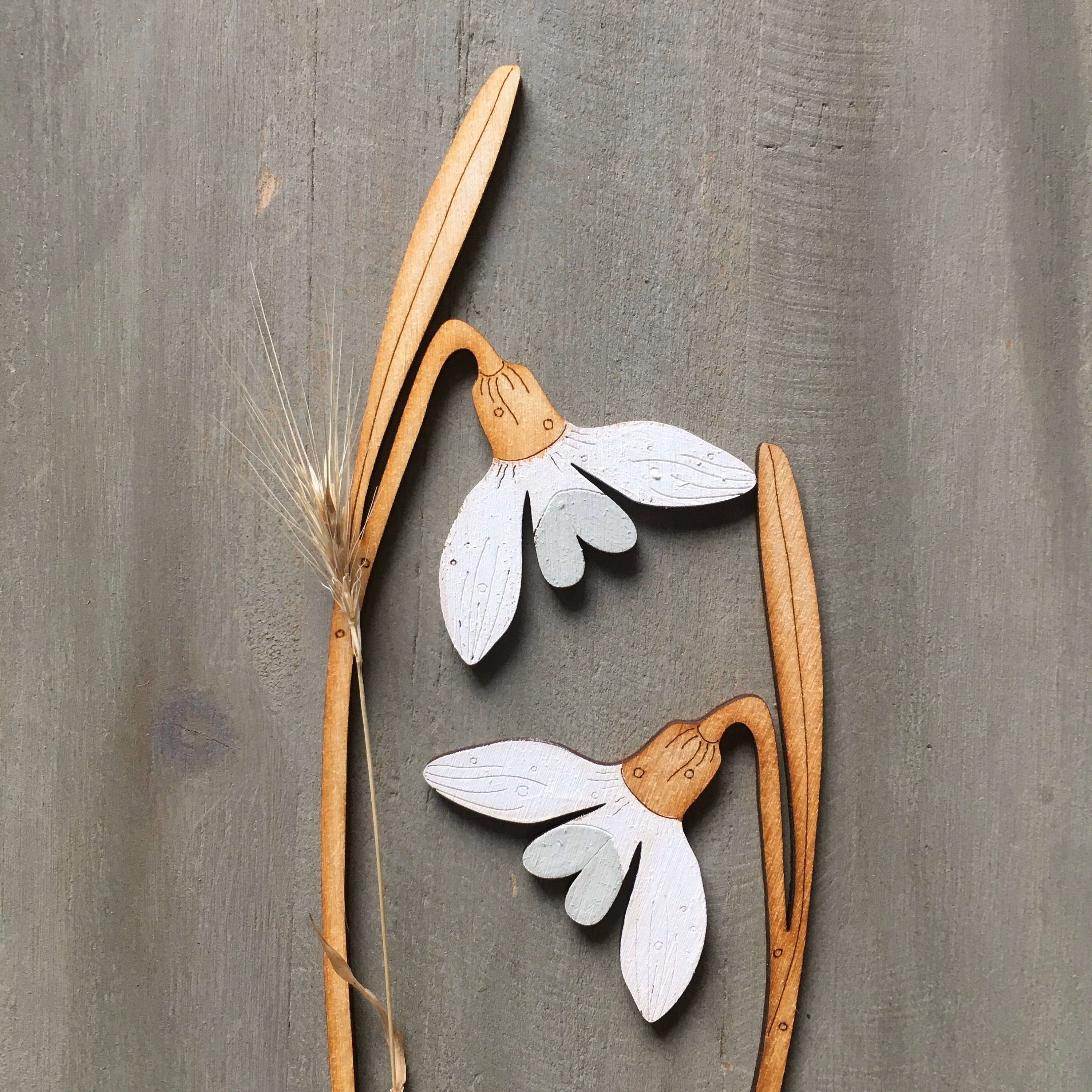 Wooden Flowers A Pair Of Hand Painted Birchwood Snowdrop Stems