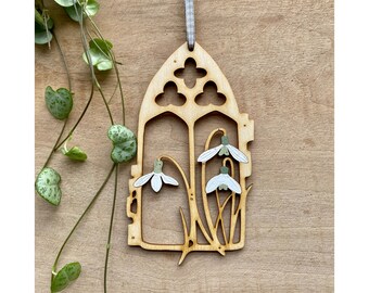 Spring  - A Snowdrop Church Window Hand Painted Birchwood Decoration