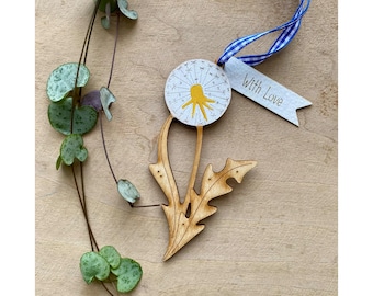 Wooden Flowers - A Dandelion Clock Decoration with Gift Tag (Blue Ribbon)