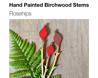 Wooden Flowers - A Hand Painted Birchwood Rosehip Stem